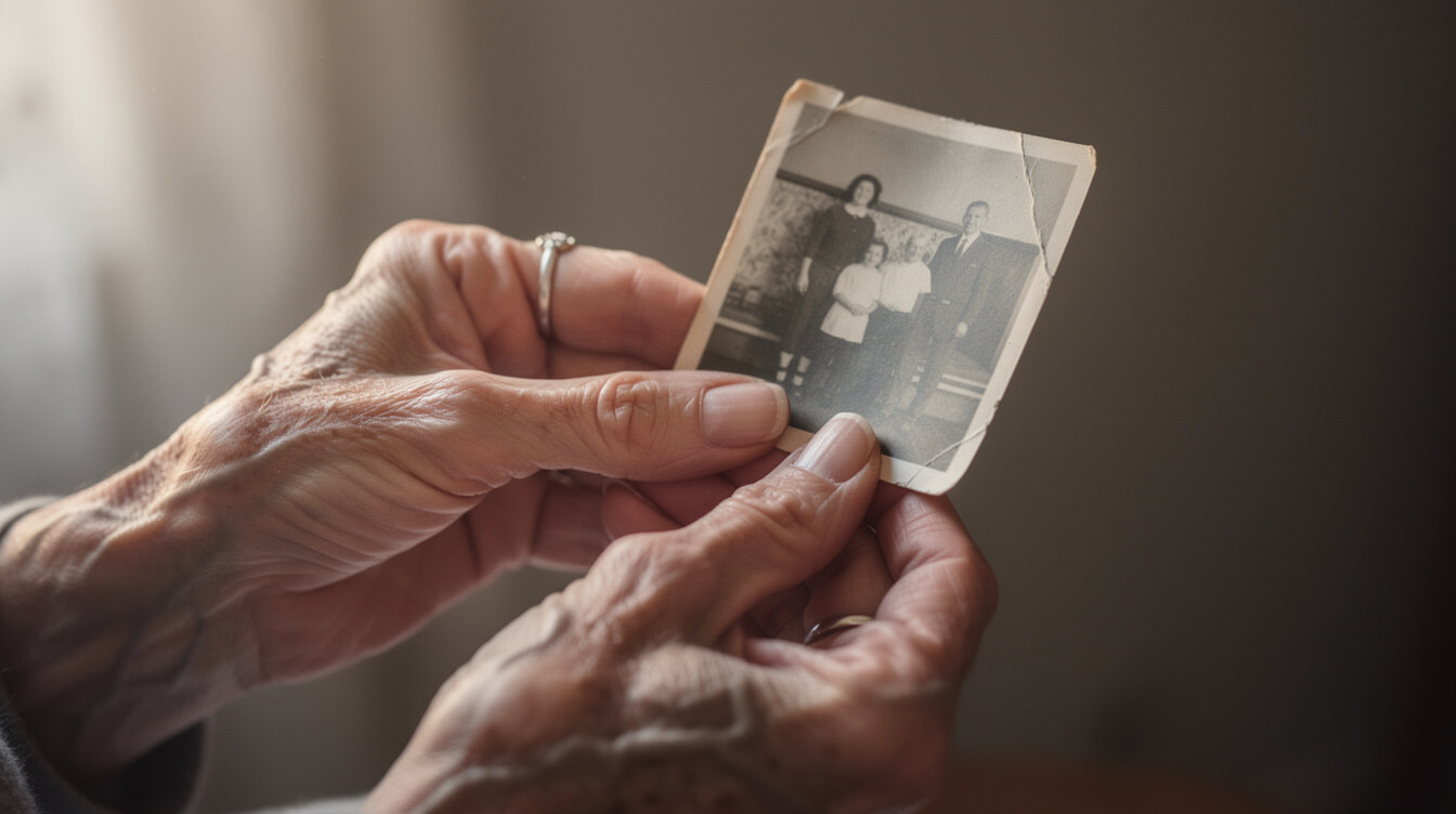 Elderly hands holding an old family photograph