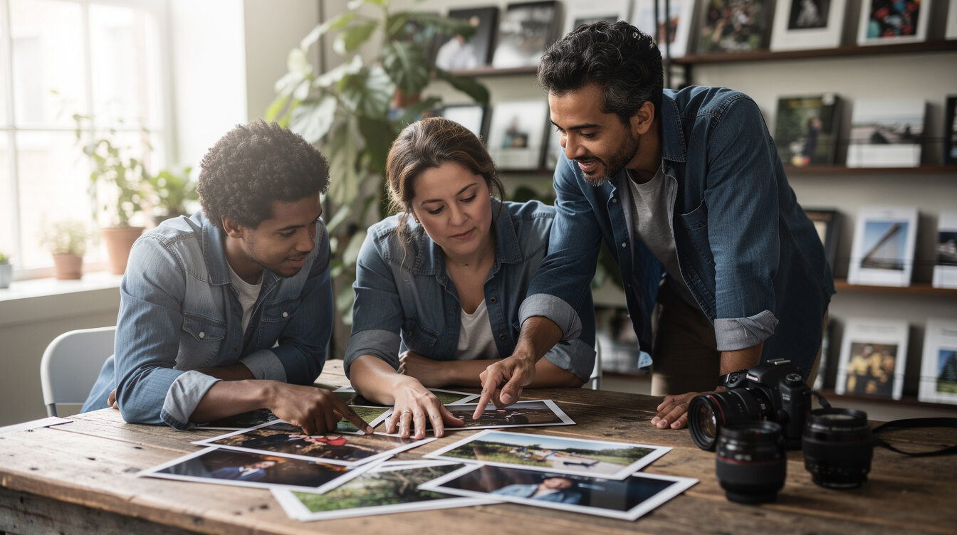 Small team of photographers reviewing photographs on a table
