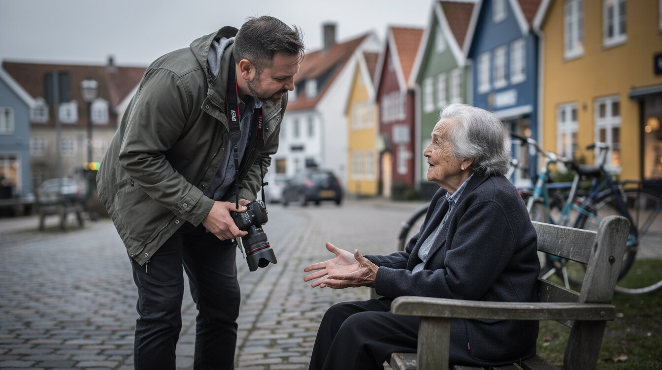 photographer talking to local resident