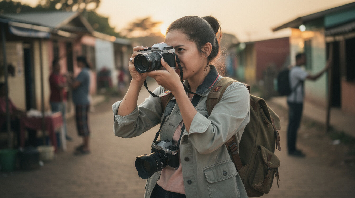 woman with camera on journey