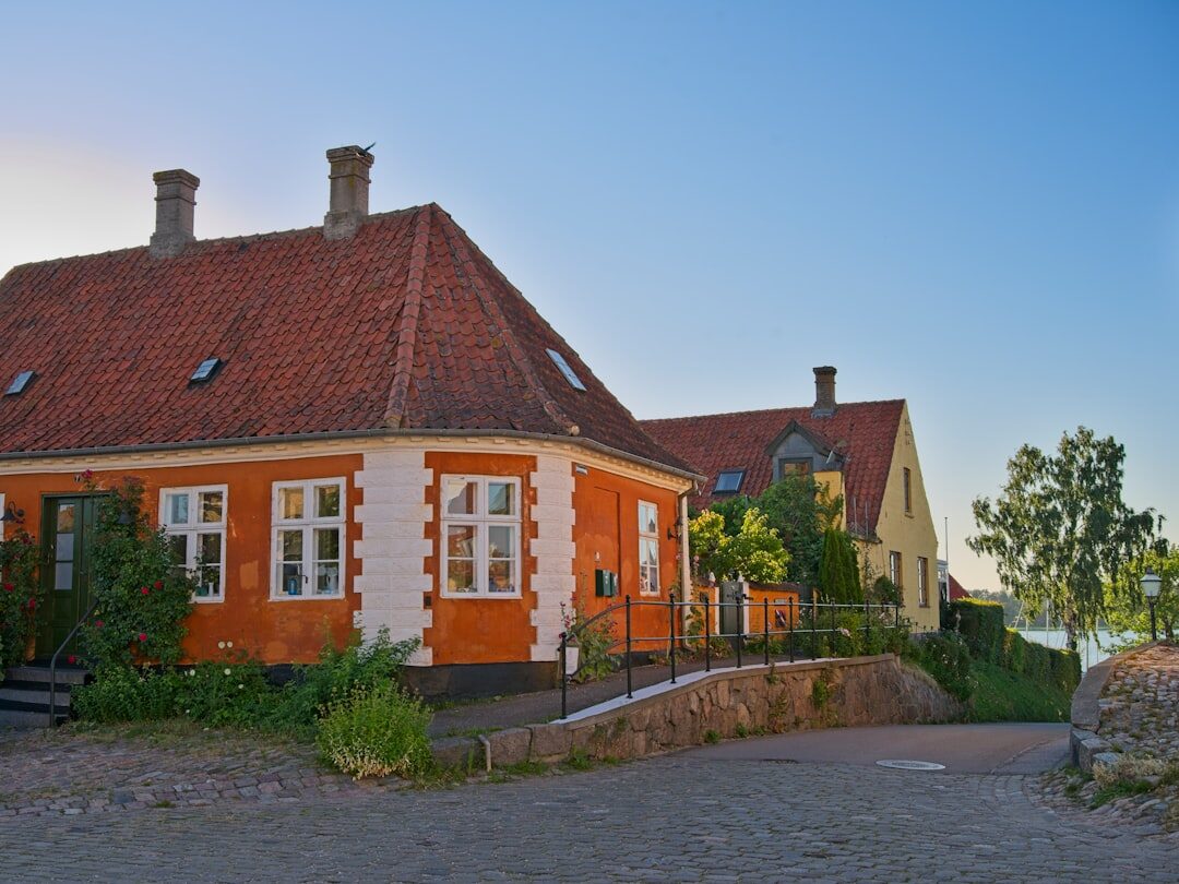 Documentary photo of a small Danish fishing village at dusk