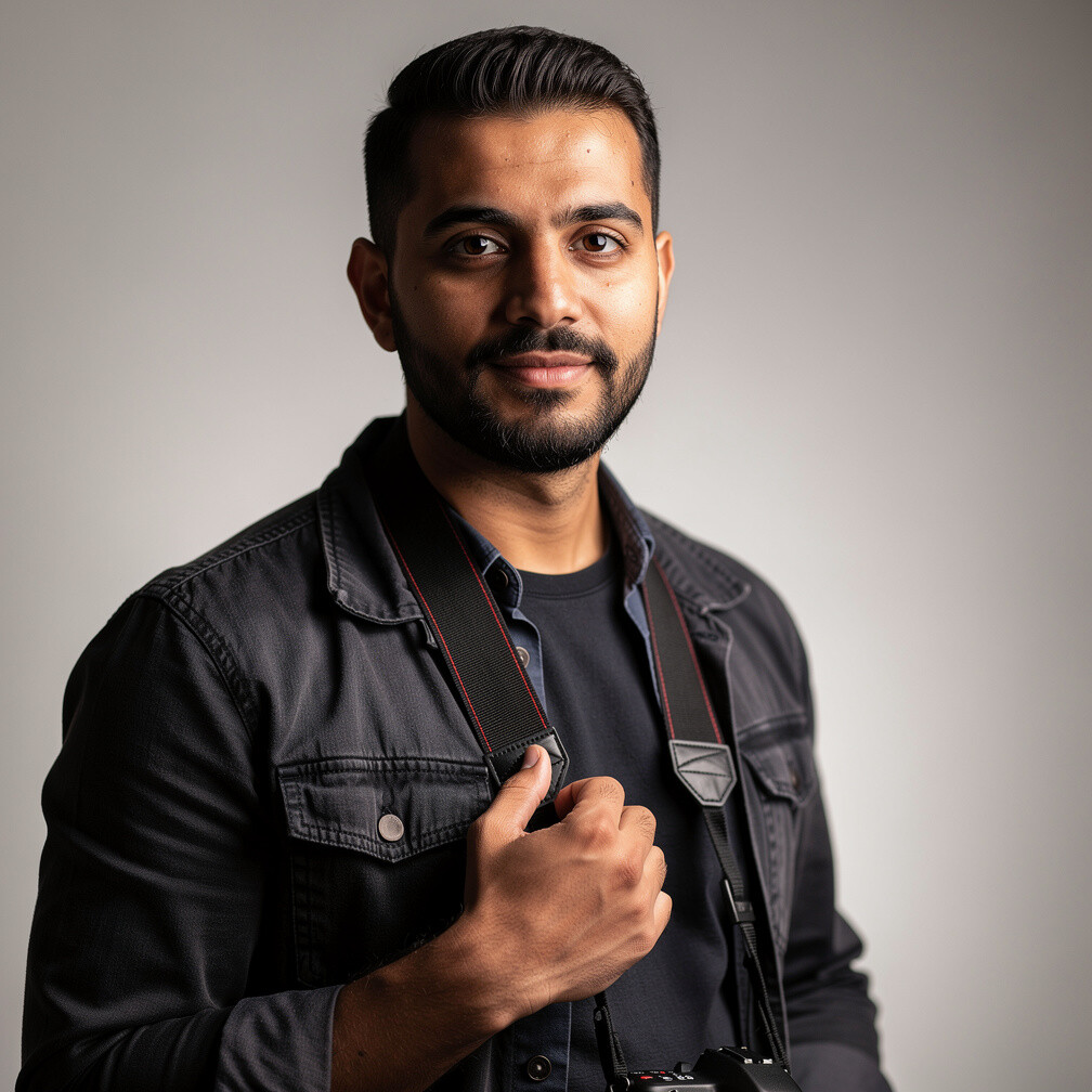 Portrait of a Middle Eastern male community photographer in Denmark