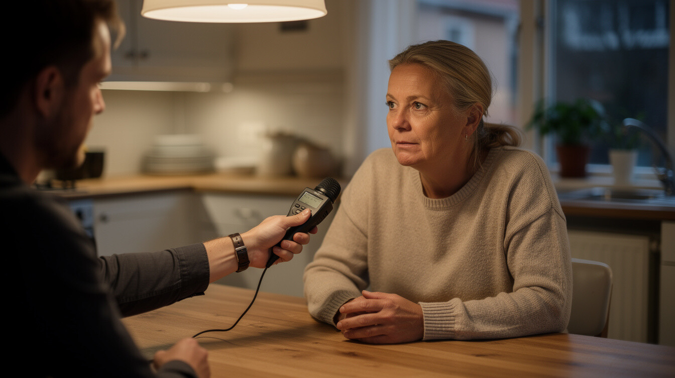 Two people having a recorded conversation with a microphone